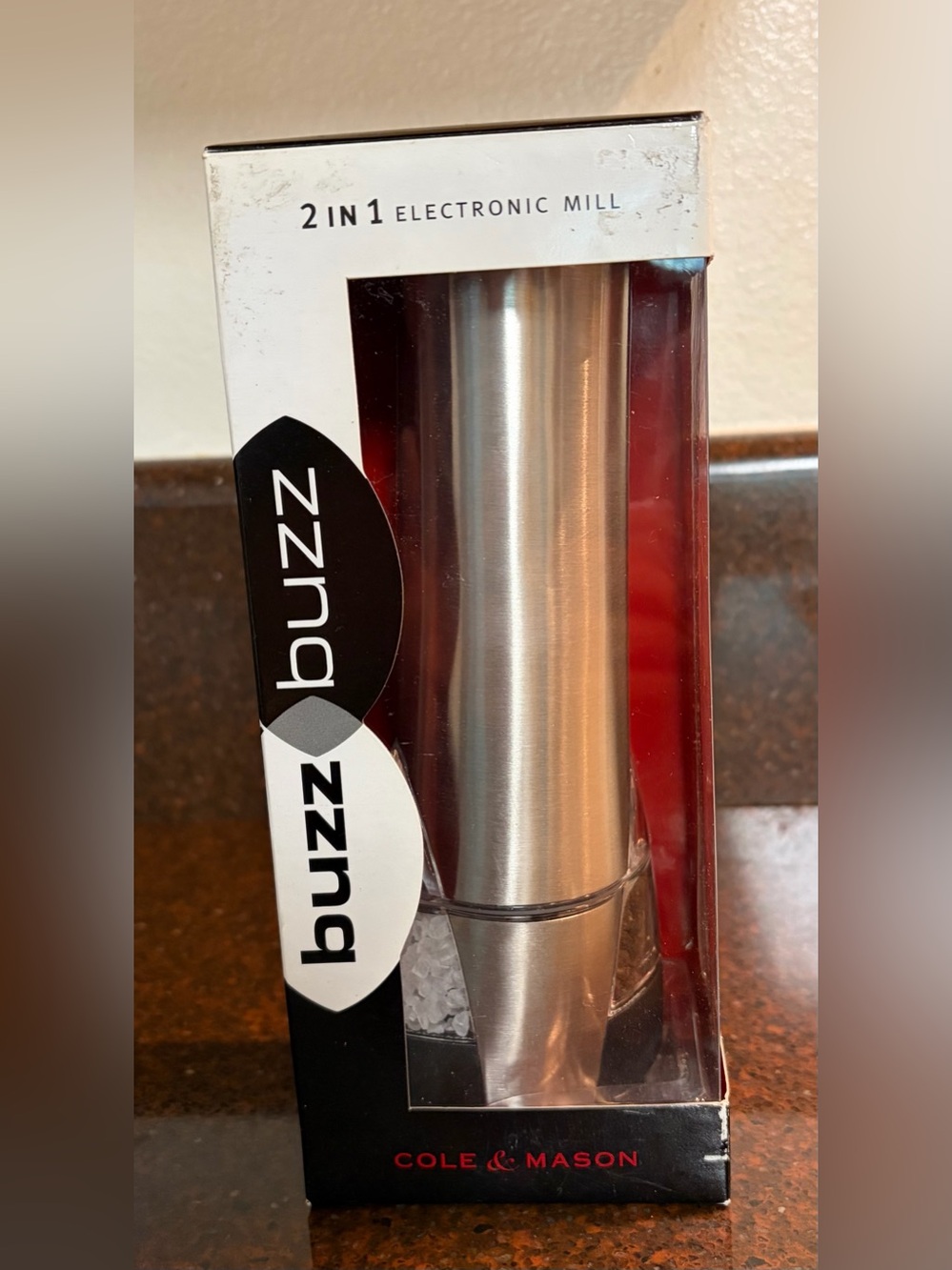 Cole & Mason Buzz 2 in 1 Stainless Steel Electronic Salt & Pepper Mill NWT